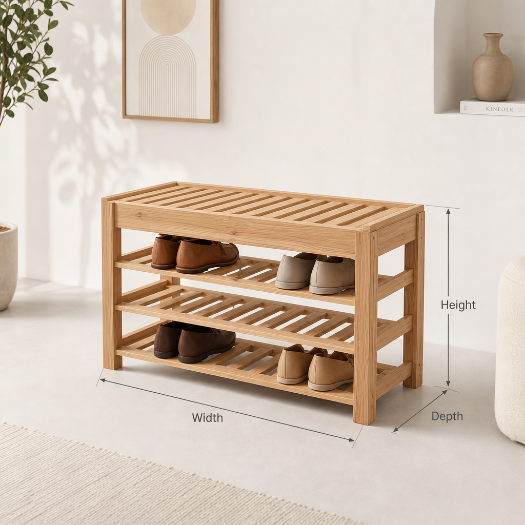 Handmade custom oak shoe bench with integrated storage rack for entryway