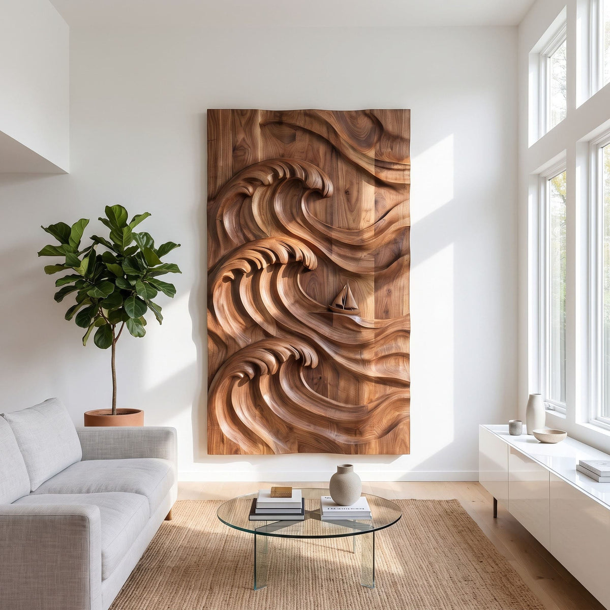 Ocean wave 3D relief wall art hand carved in solid wood with sailboat sculpture