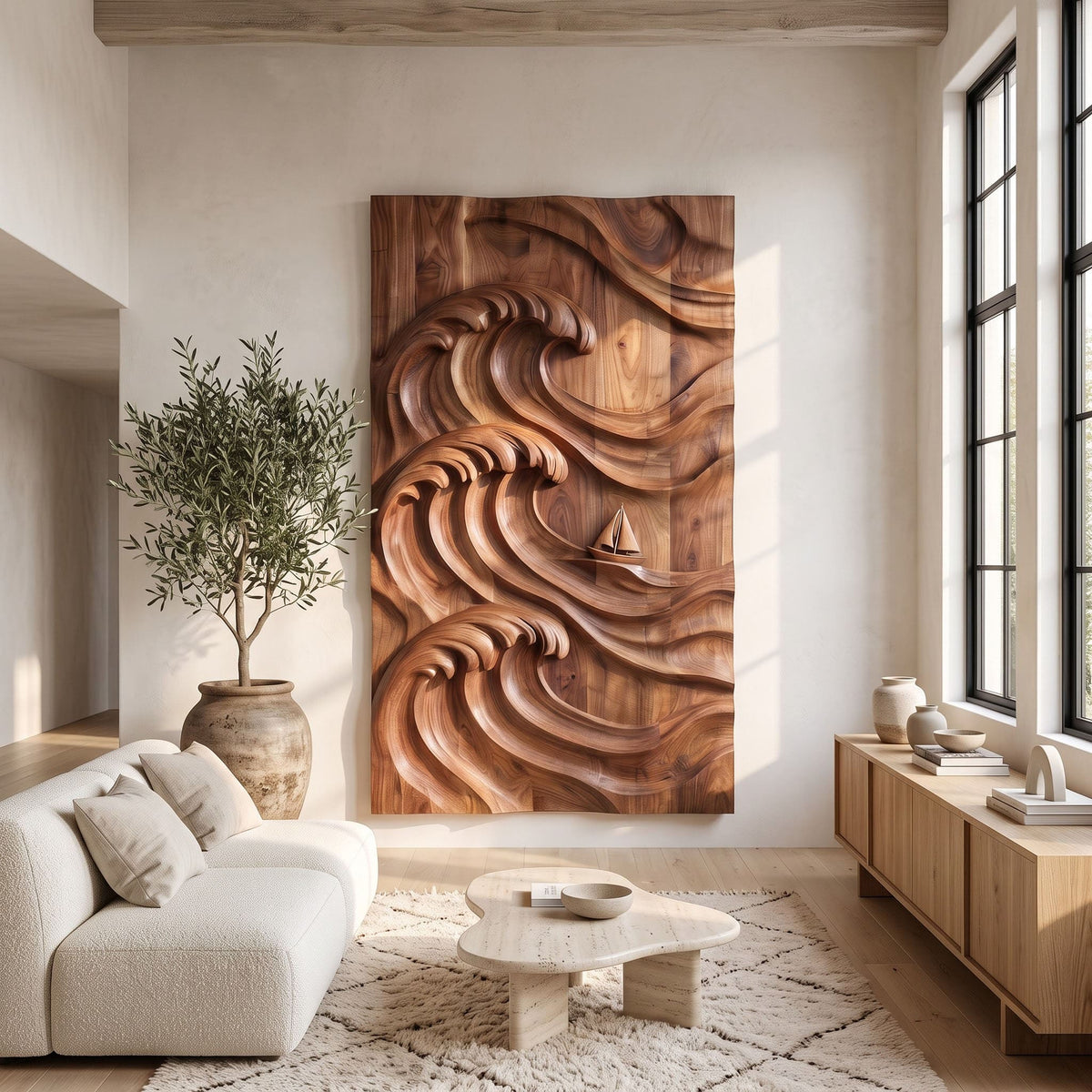 Ocean wave 3D relief wall art displayed in a coastal living room