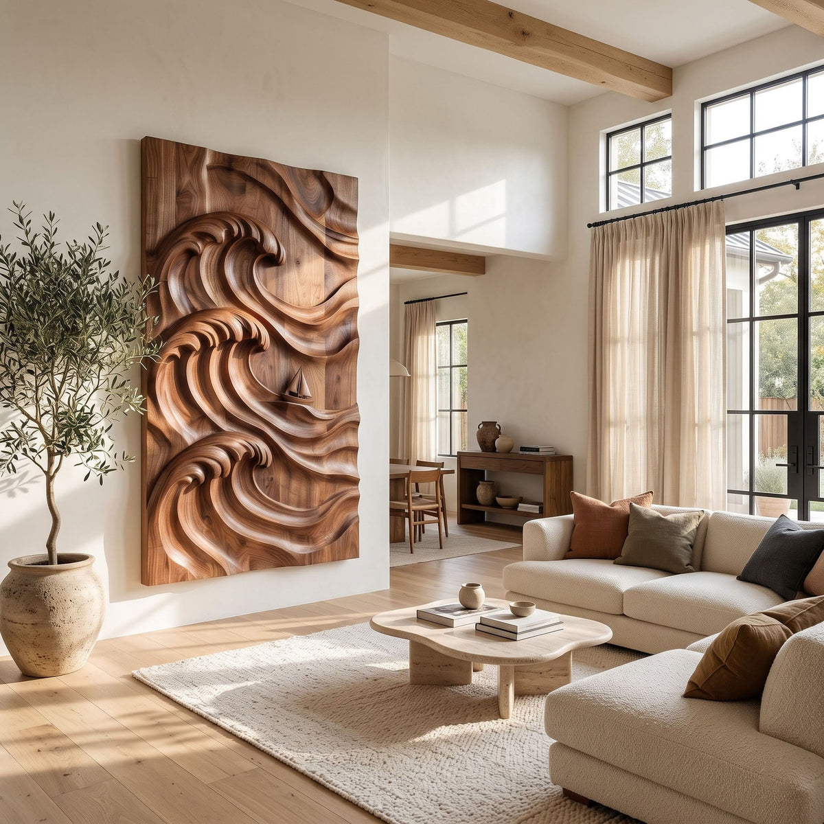 Solid wood relief panel featuring a sailboat navigating textured ocean waves