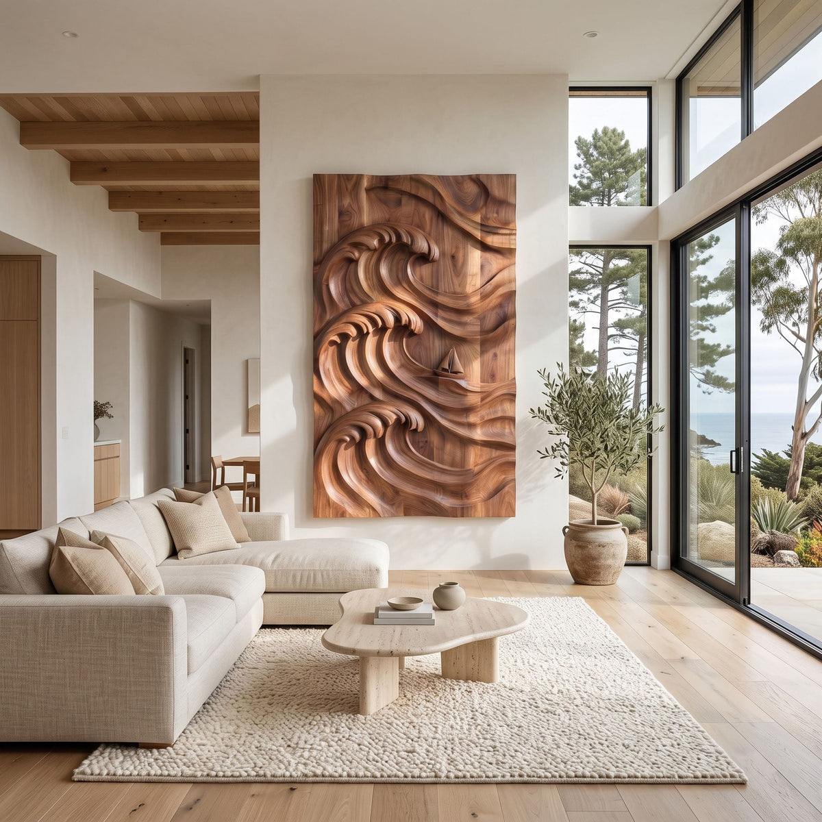 Sculptural wooden ocean wave wall art above a modern living room sofa