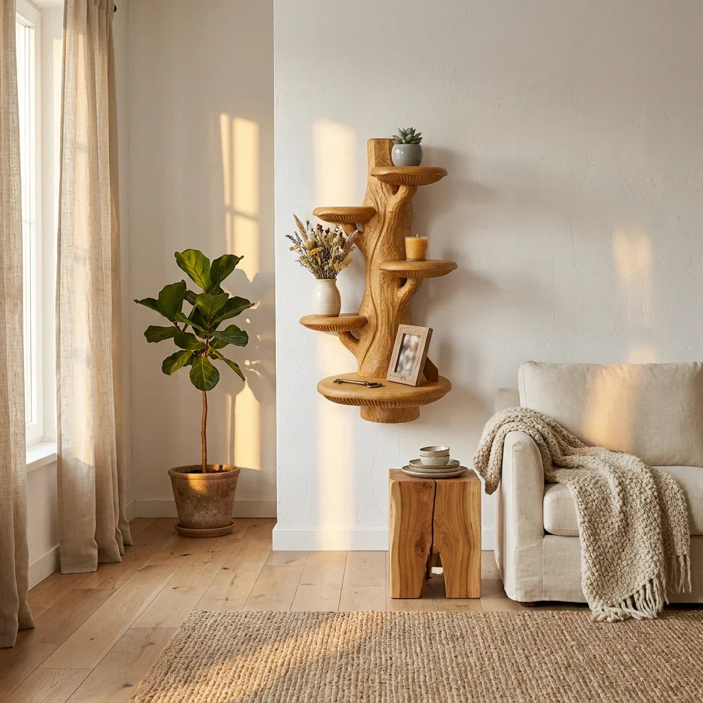 Old Growth Mushroom Tree Wall Shelf with 5 Half-Moon Platforms - Handcrafted Solid Wood Sculptural Floating Shelf with Weathered Trunk and Gill Rim Carving - Ashdeco 2026