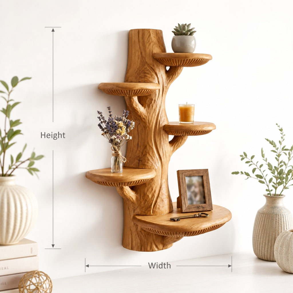 Old Growth Mushroom Tree Wall Shelf with 5 Half-Moon Platforms - Handcrafted Solid Wood Sculptural Floating Shelf with Weathered Trunk and Gill Rim Carving