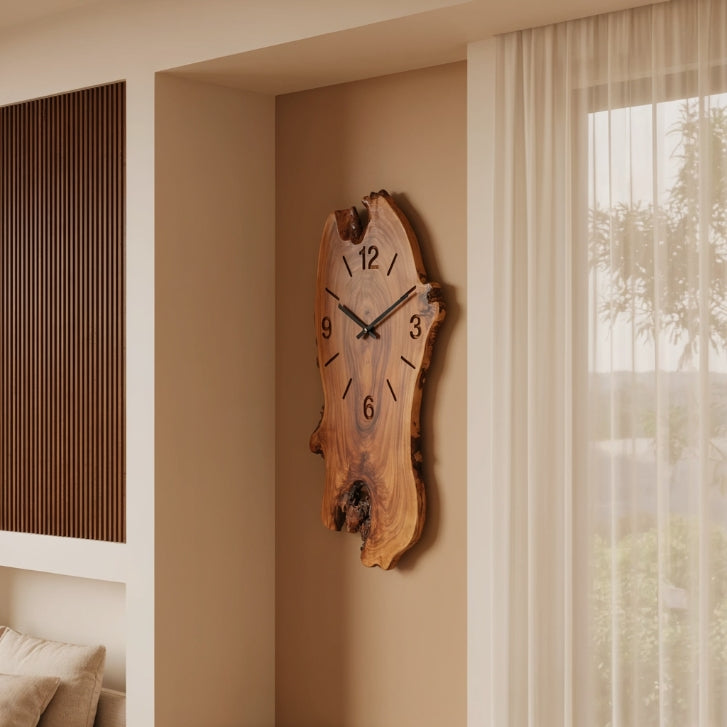 One-of-a-kind live edge slab clock with rustic bark accents in solid wood