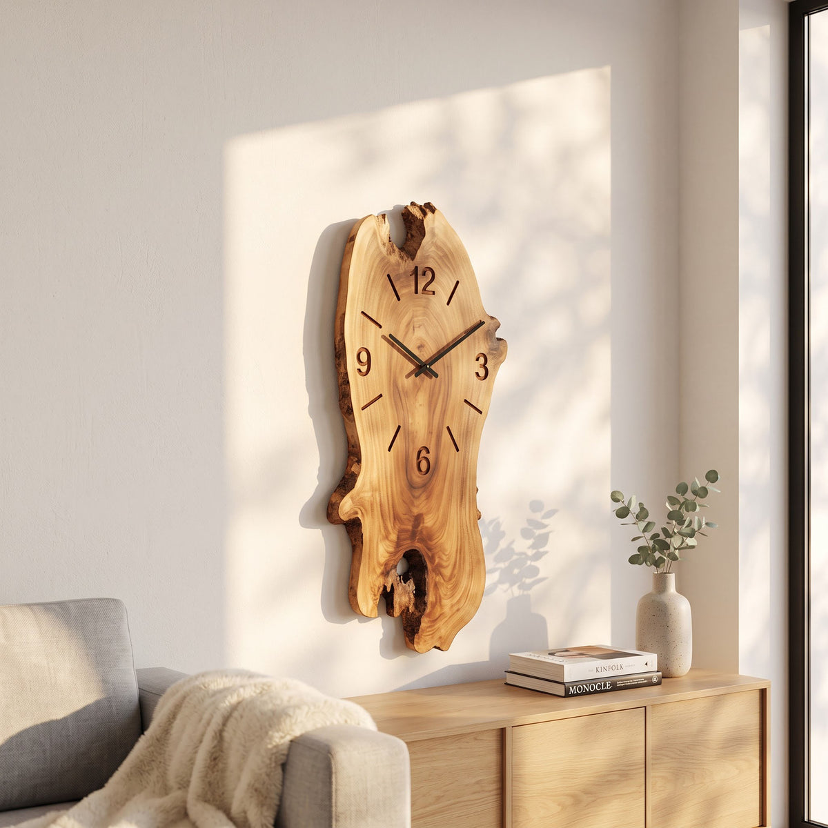 Rustic natural wood wall timepiece with bark accents for an inviting entryway hallway