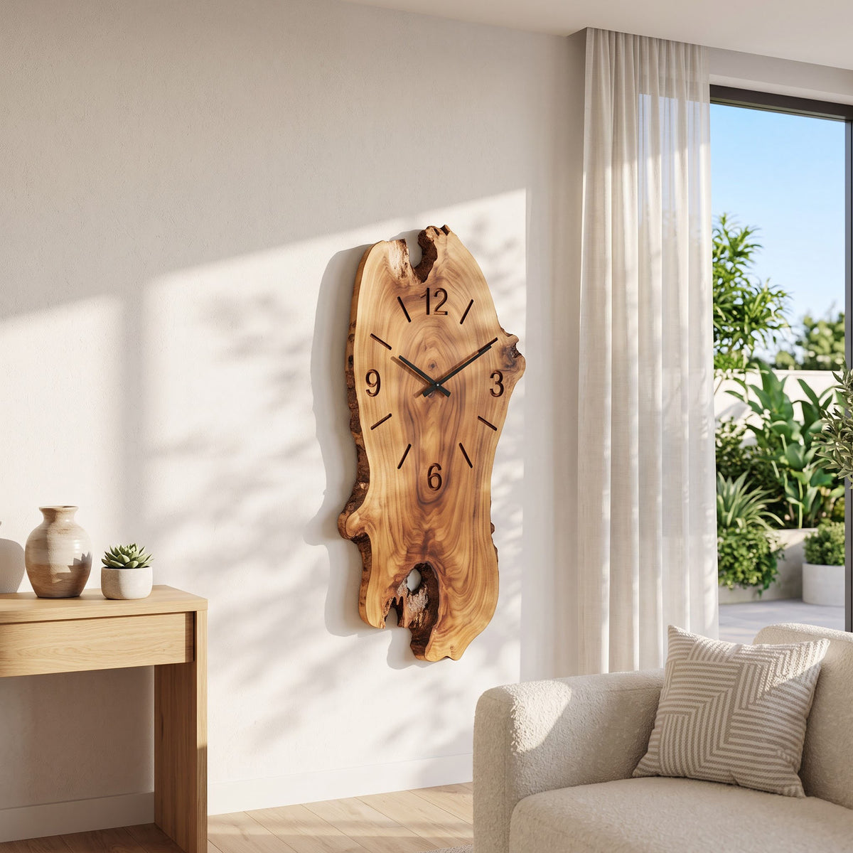 Live edge solid wood timber slab clock styled on a stone fireplace in a cozy living room