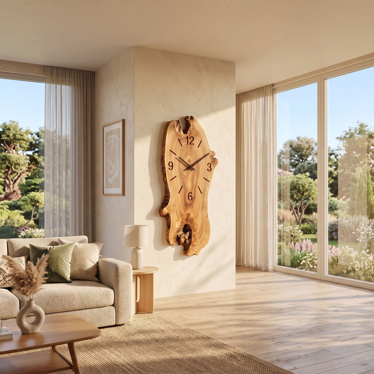 Rustic natural wood wall timepiece with bark accents for an inviting living room