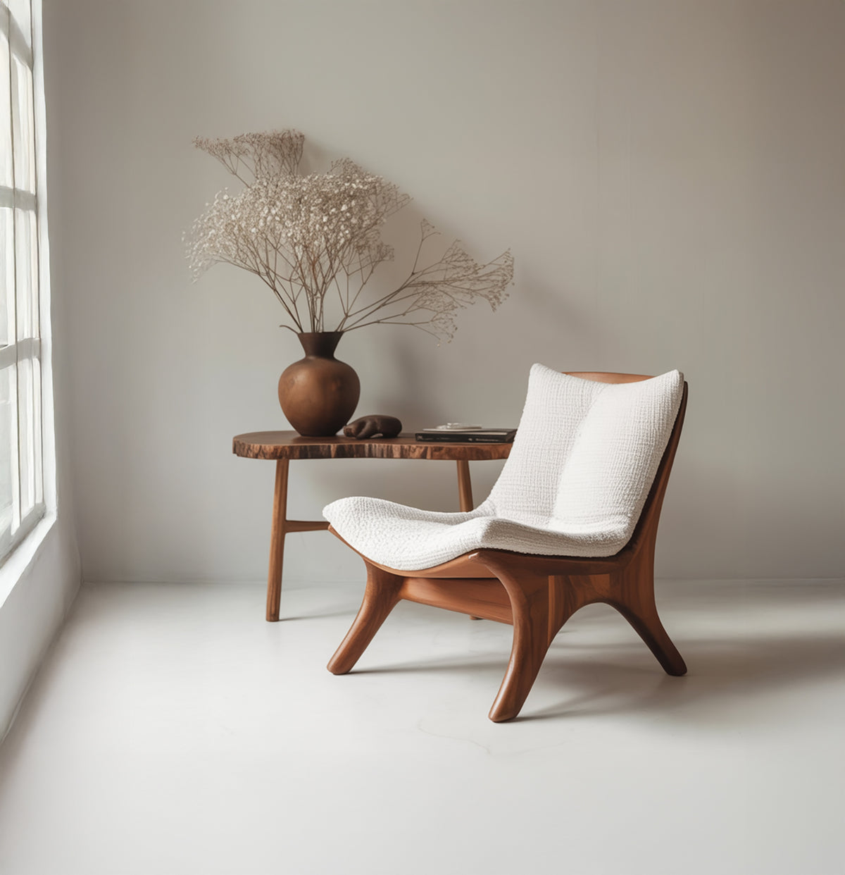 Organic wood accent chair with sculptural carved frame