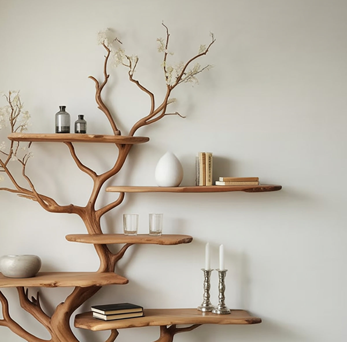 Nature inspired bookshelf for books and decorative display