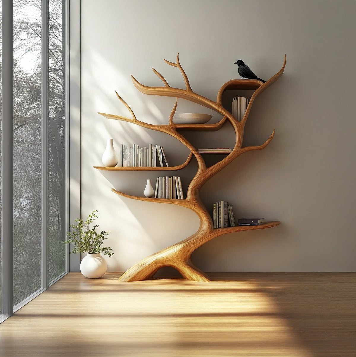 Organic biophilic tree bookshelf made from live edge solid wood