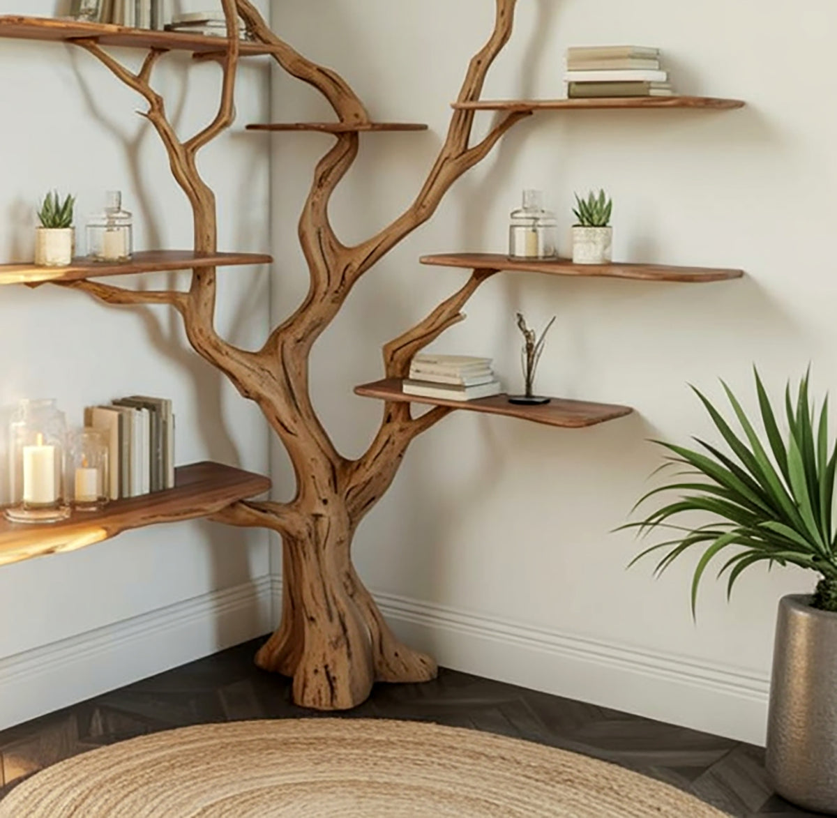 Live edge solid wood corner shelf with tree inspired design