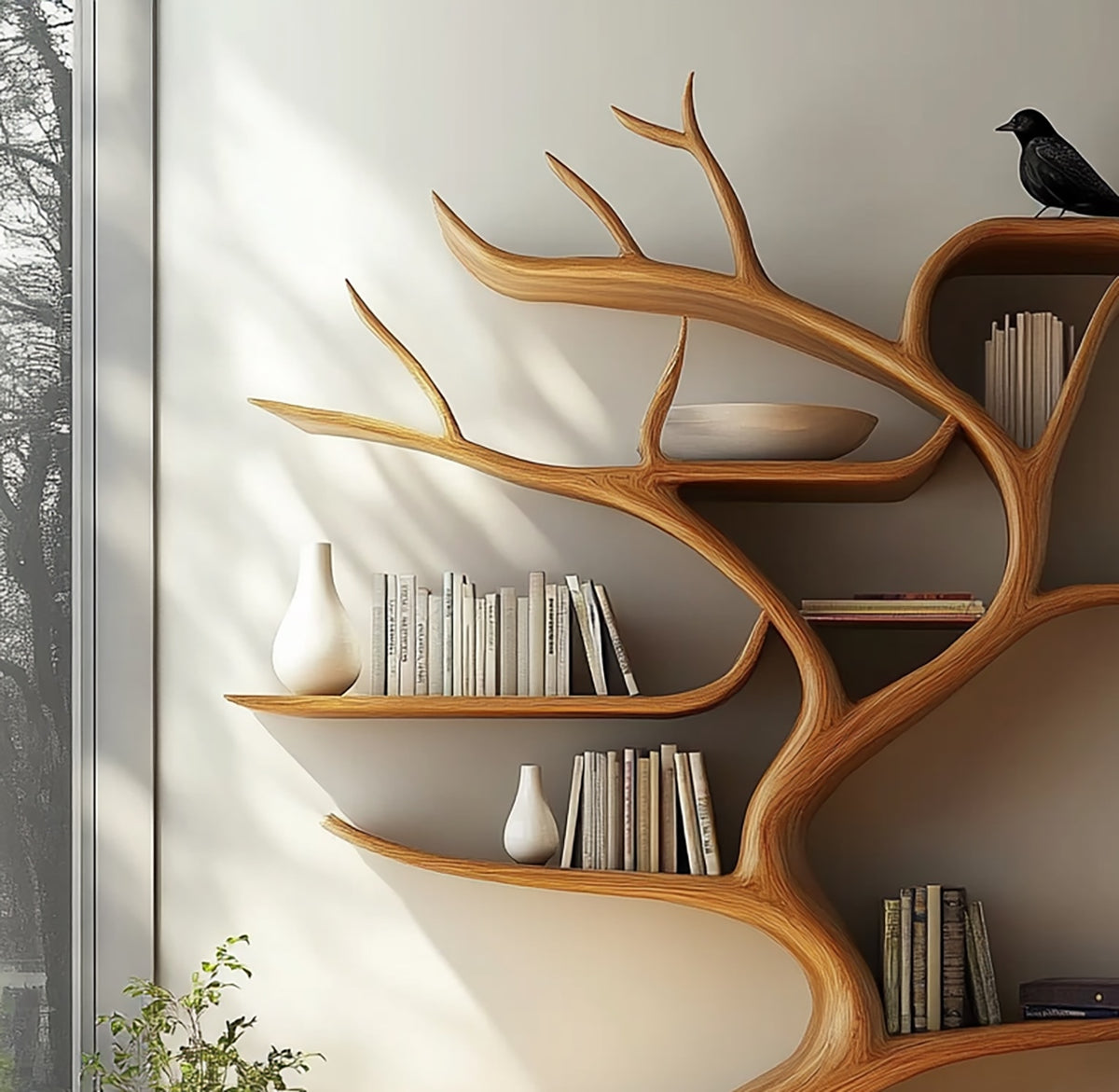 Live edge wood shelf for books and decorative display