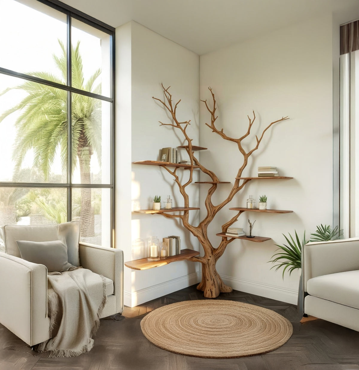 Organic biophilic tree bookshelf handcrafted from solid wood