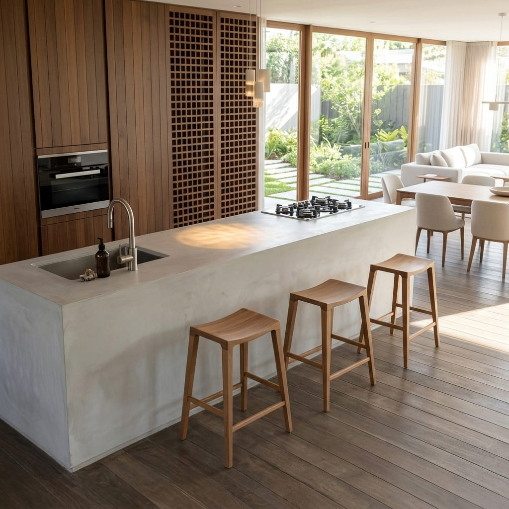 Organic solid wood backless bar stool styled at a modern kitchen island
