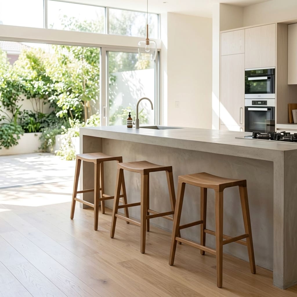 Modern solid wood kitchen stool displayed at a breakfast bar