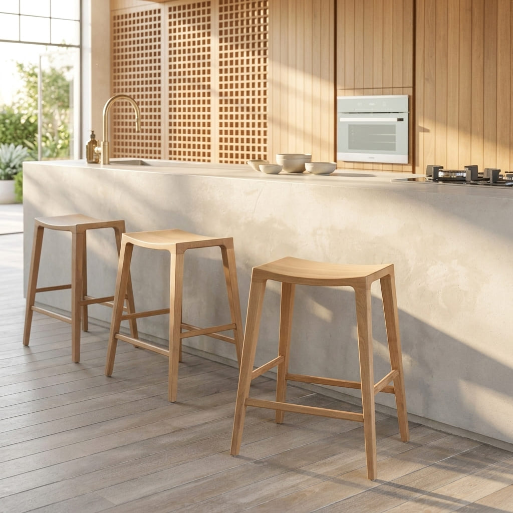 Curved wooden counter stool in a contemporary kitchen