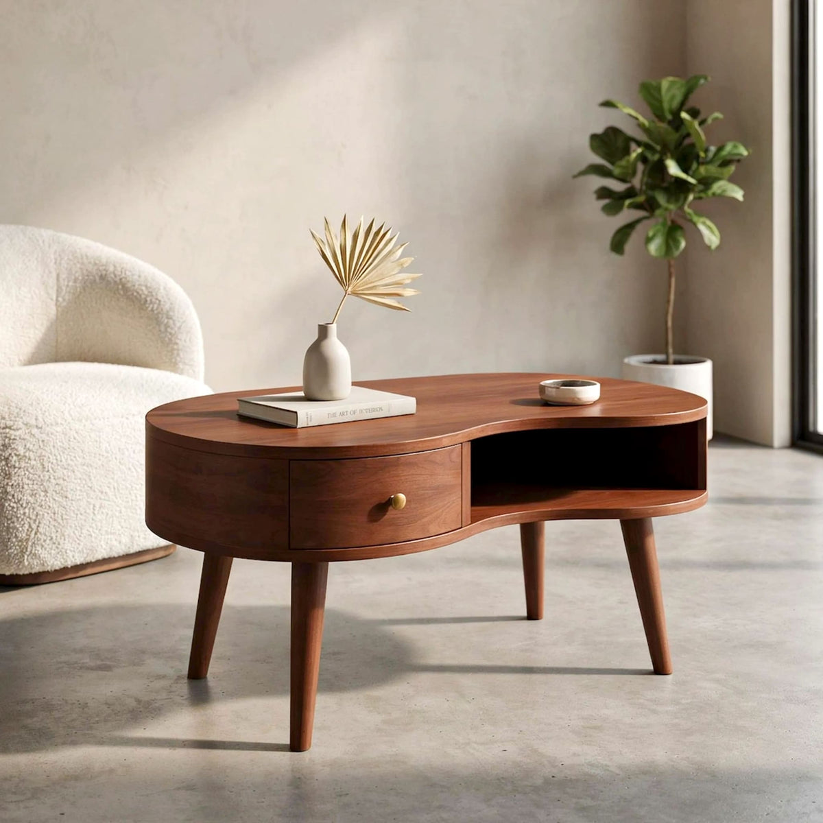 Organic curved coffee table crafted from premium solid wood with a storage drawer