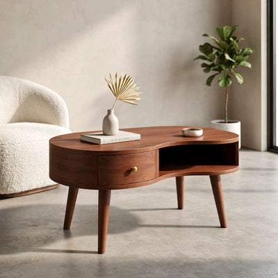 Organic Curved Solid Wood Coffee Table with Drawer