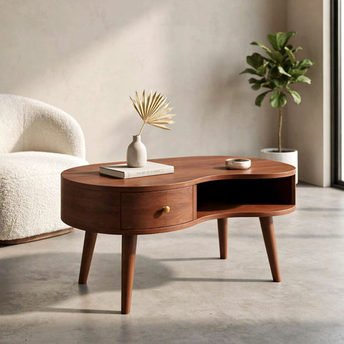 Organic Curved Solid Wood Coffee Table with Drawer