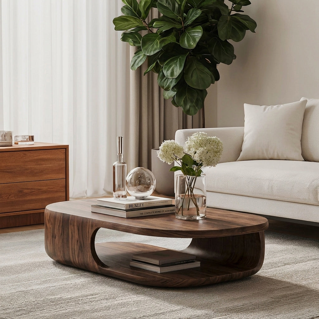Organic modern solid wood coffee table with lower shelf styled in a contemporary living room