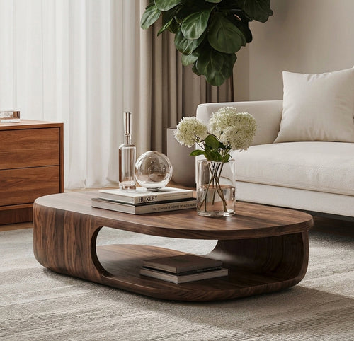 Organic Curved Solid Wood Coffee Table with Lower Shelf