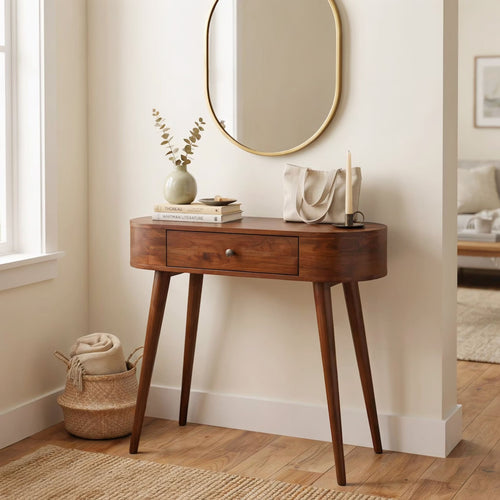 Organic Curved Solid Wood Console Table with Drawer – Modern Japandi Entryway Table