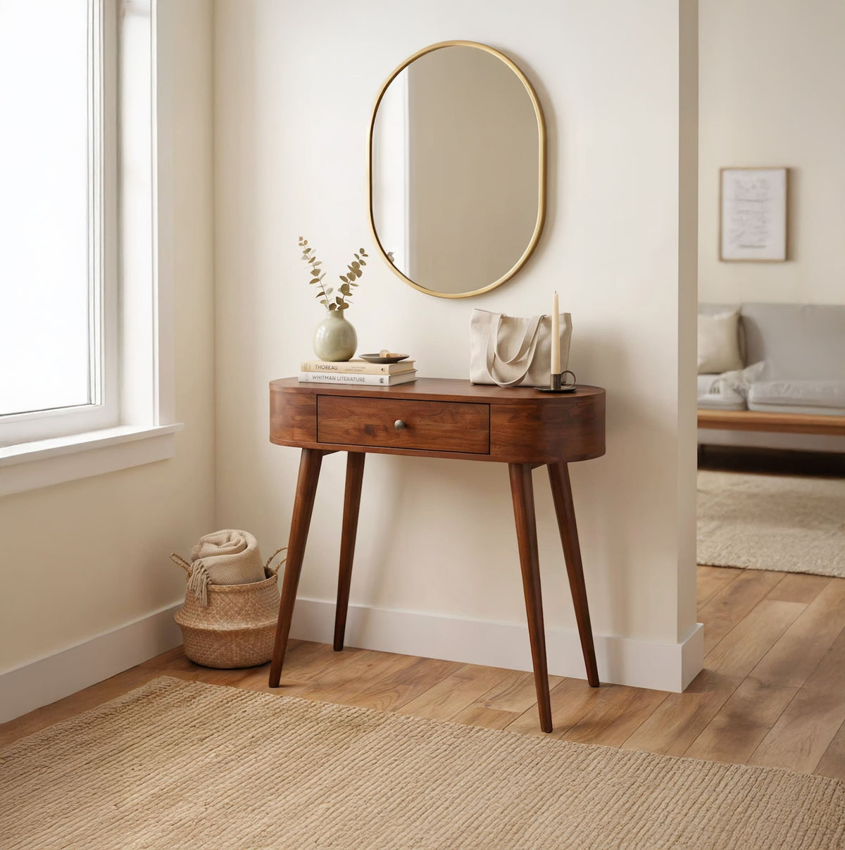 Curved Solid Wood Console Table with Drawer