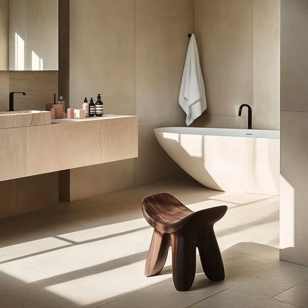 Japandi shower stool styled beside a freestanding bathtub in a minimalist bathroom