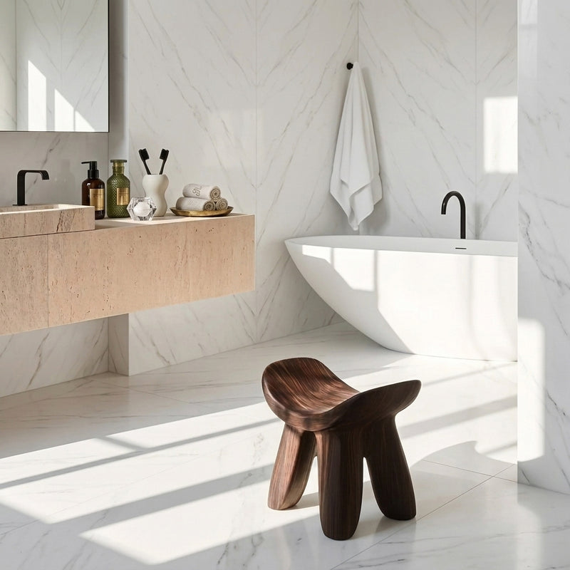 Organic curved shower stool crafted from premium solid wood for modern bathrooms