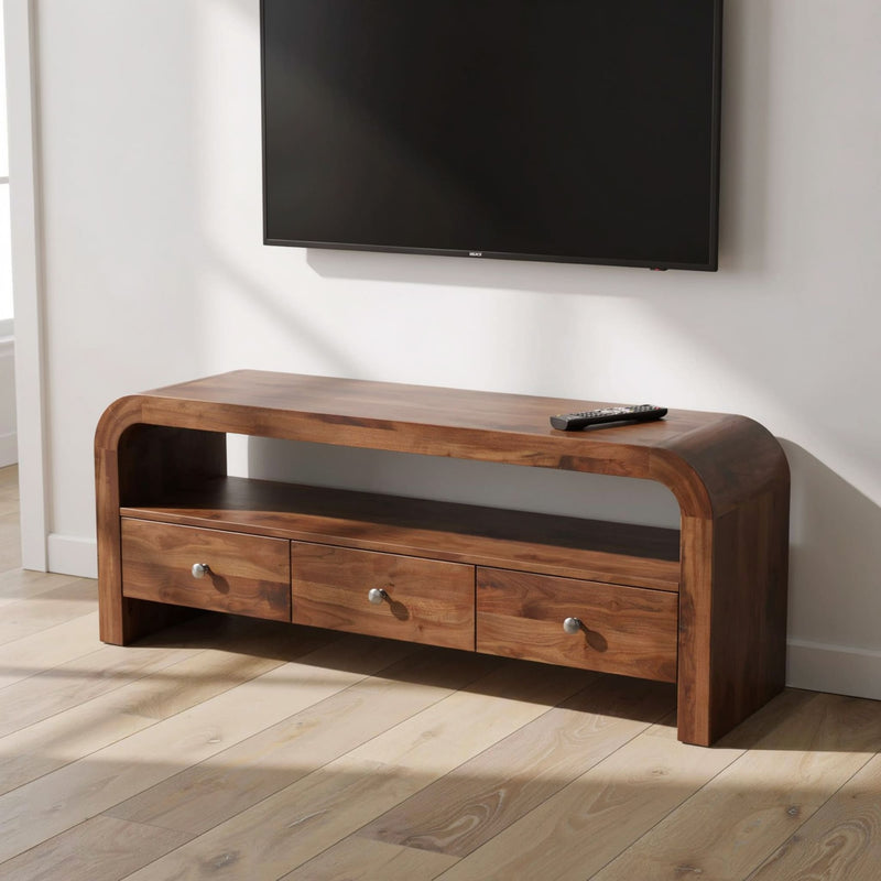 Organic curved TV stand crafted from premium solid wood with drawers