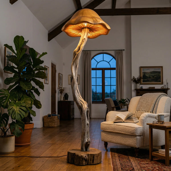 Driftwood Mushroom Floor Lamp | Bell Cap Gill Glow | Handcrafted
