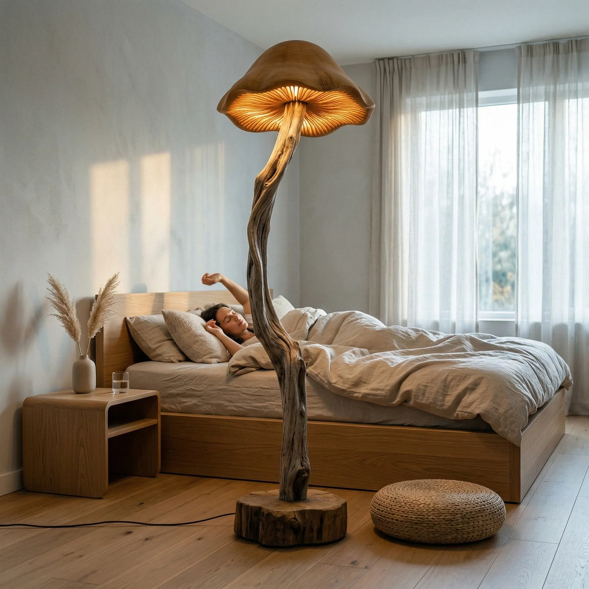 Organic driftwood mushroom floor lamp with hand-carved bell shade in cozy bedroom
