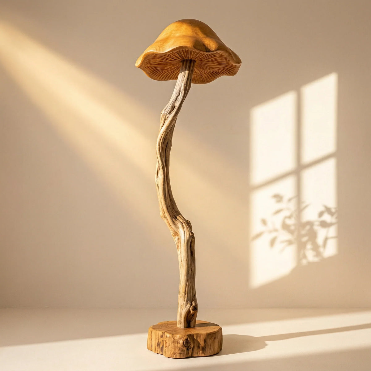 Organic driftwood mushroom floor lamp with hand-carved wood base and bell-shaped shade