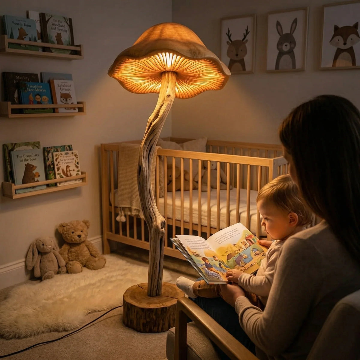 Organic driftwood mushroom floor lamp with hand-carved wood base in cozy nursery