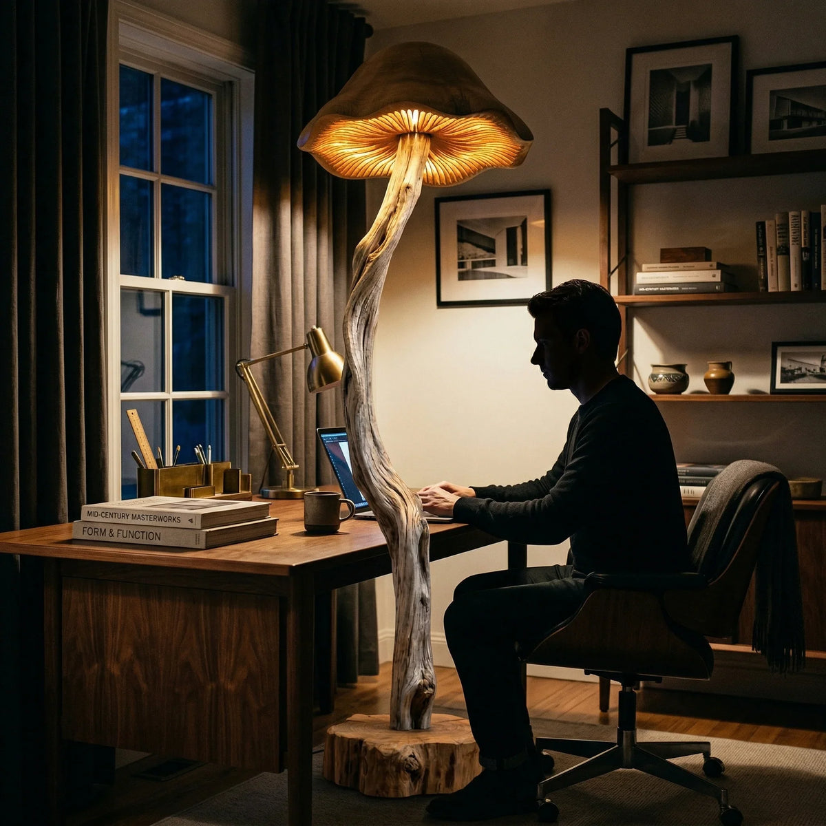 Organic driftwood mushroom floor lamp with glowing hand-carved cap in a modern home office