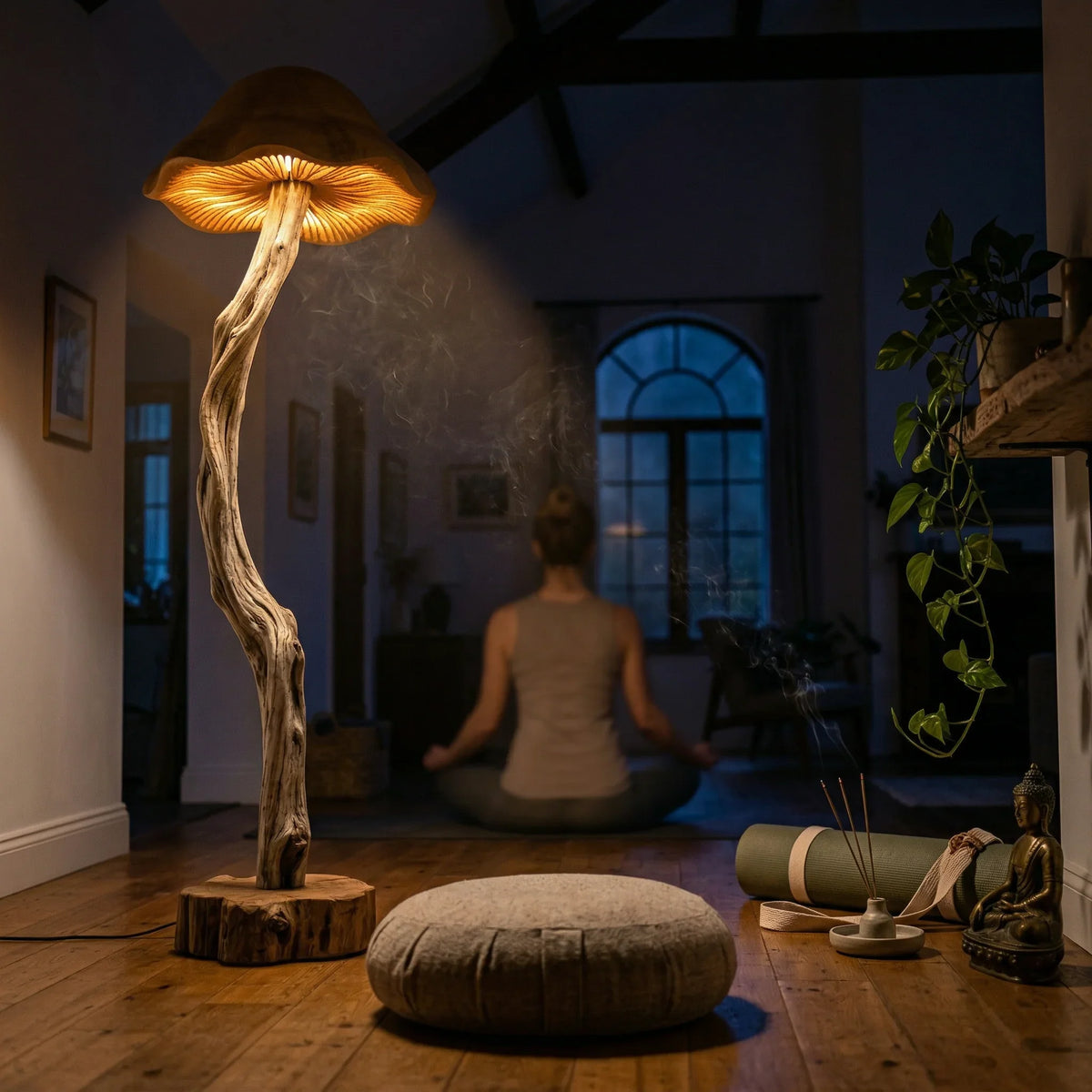Organic driftwood mushroom floor lamp with bell-shaped wood shade in cozy meditation room
