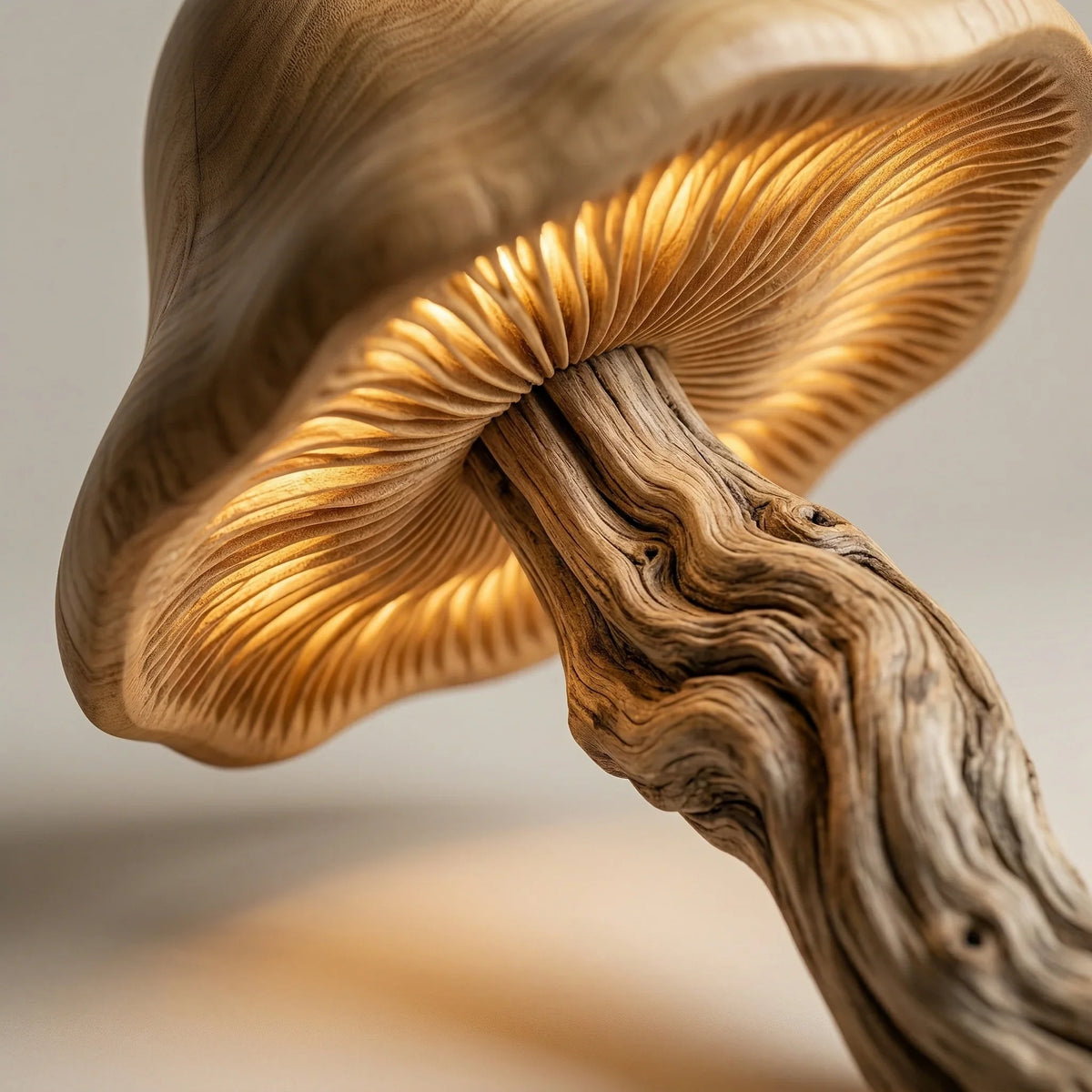 Organic driftwood floor lamp shaped like a mushroom with a hand-carved wood base