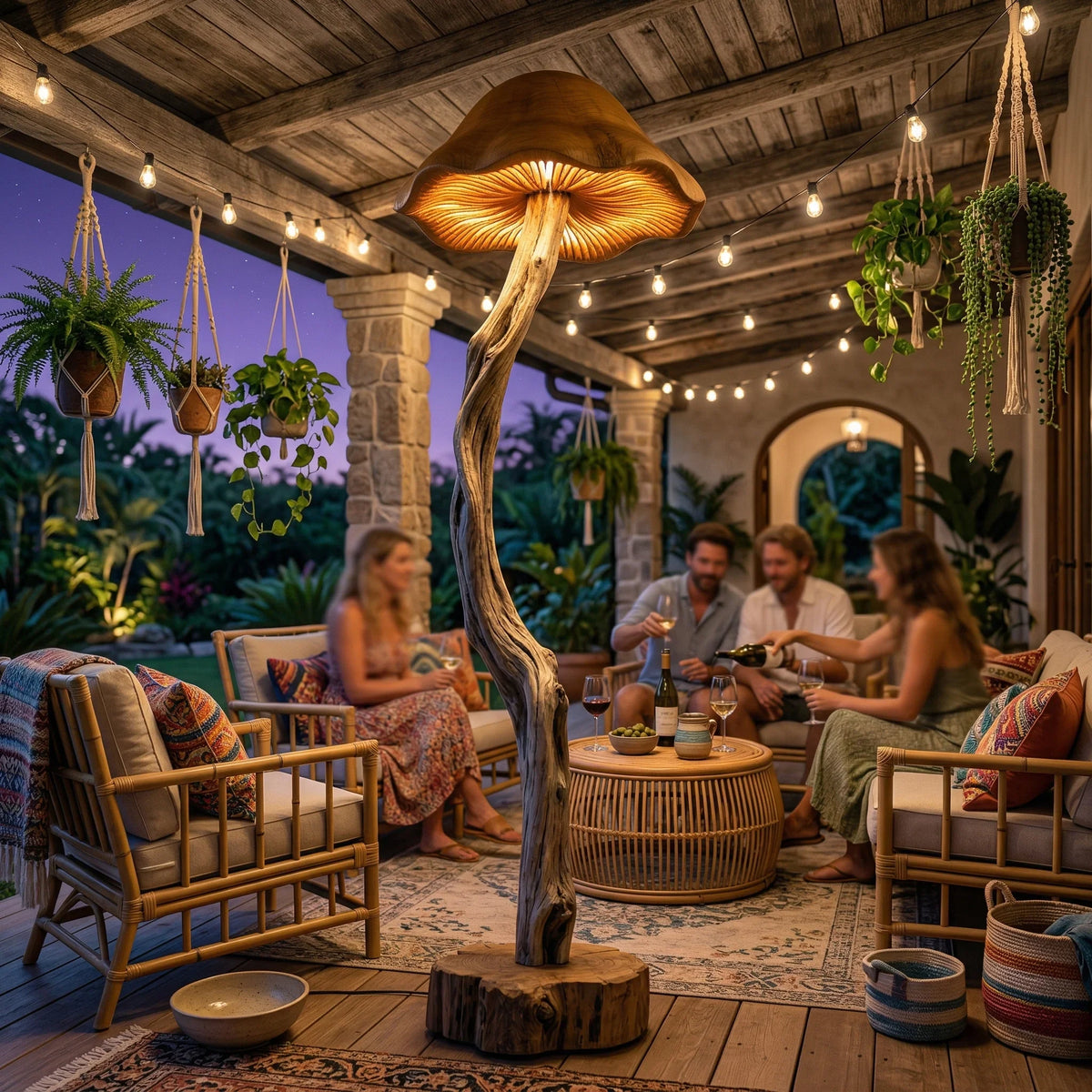 Organic driftwood mushroom floor lamp with bell-shaped hand-carved cap in cozy outdoor patio setting