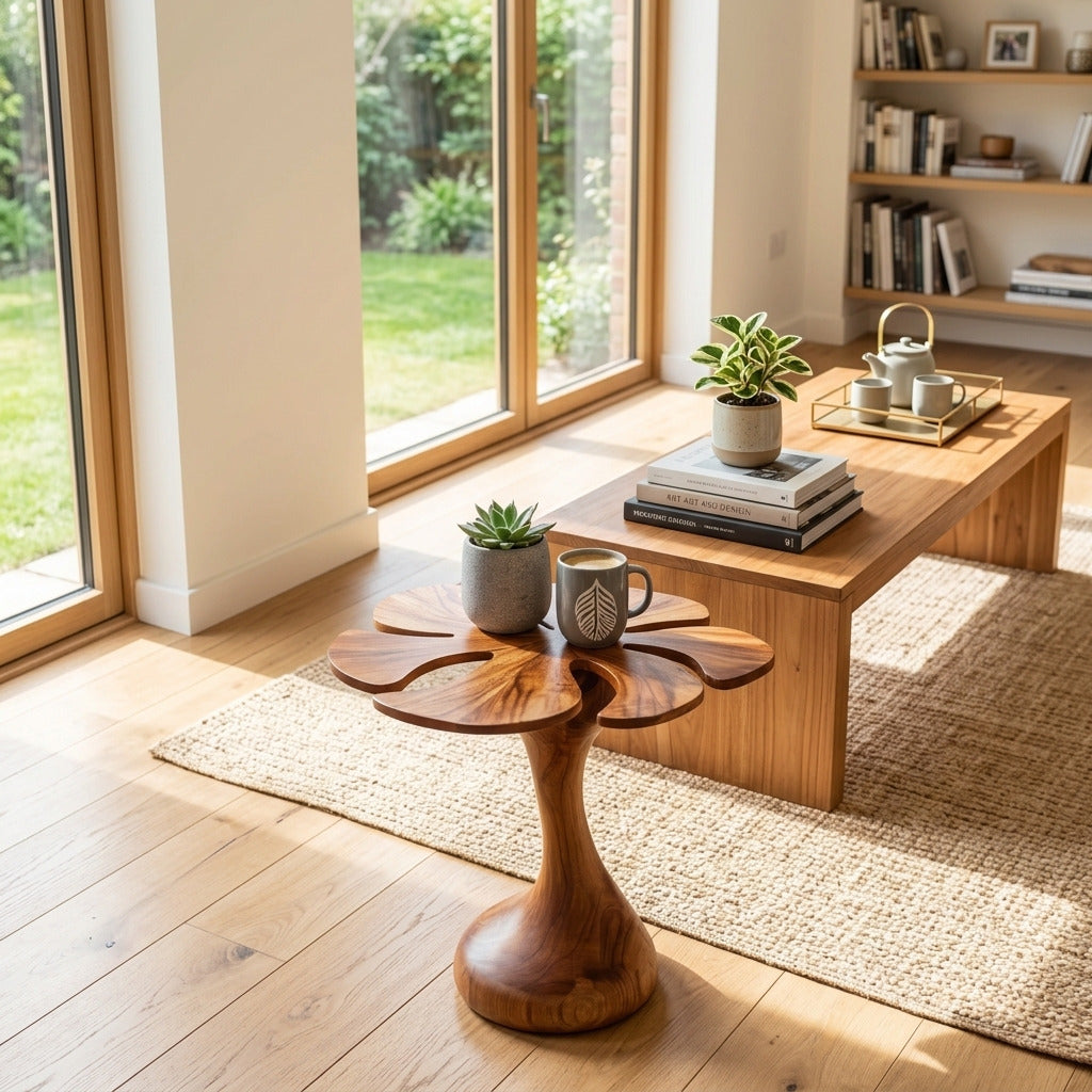 Solid wood end table displayed in a Japandi living space