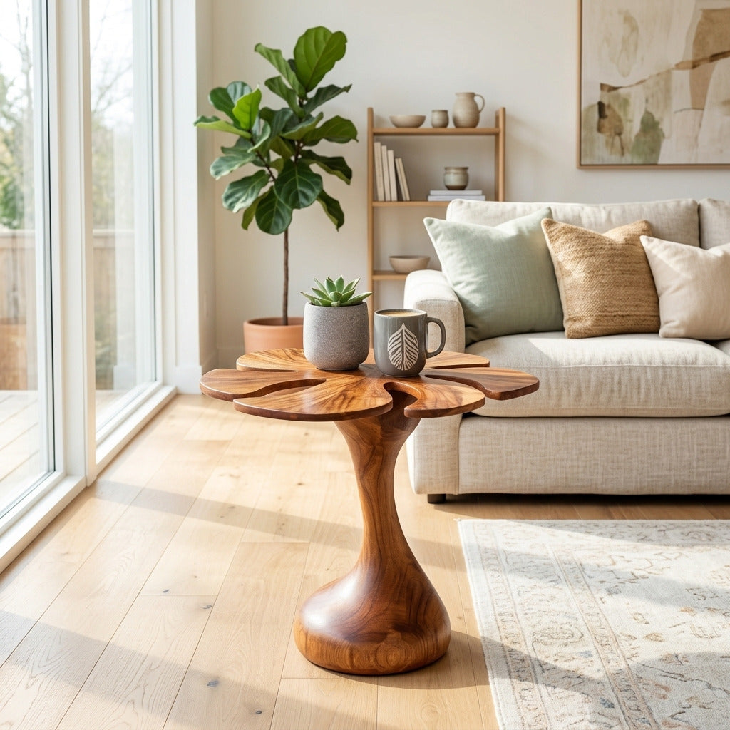 Organic solid wood side table in a luxury apartment living room