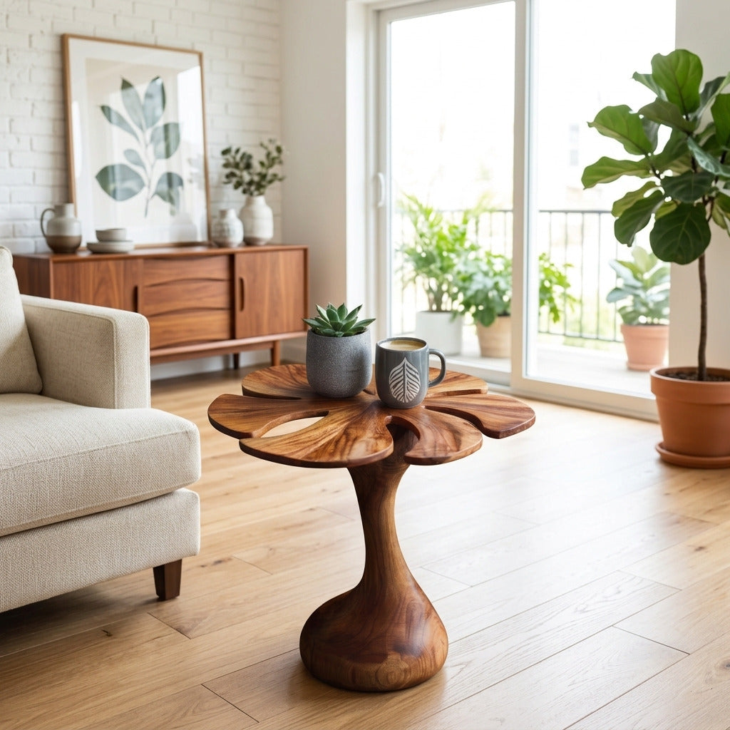 Sculptural wooden side table in a contemporary living room