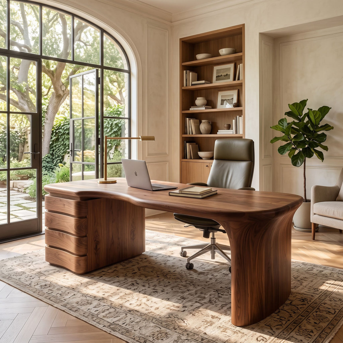 Organic freeform contour solid wood executive desk in a contemporary home office