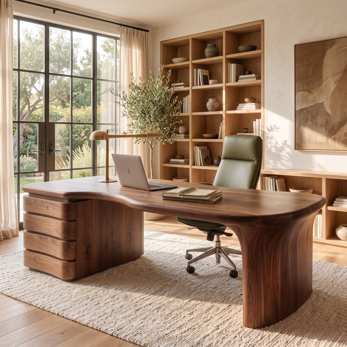 Handcrafted solid wood executive desk with curved drawer credenza in a modern workspace