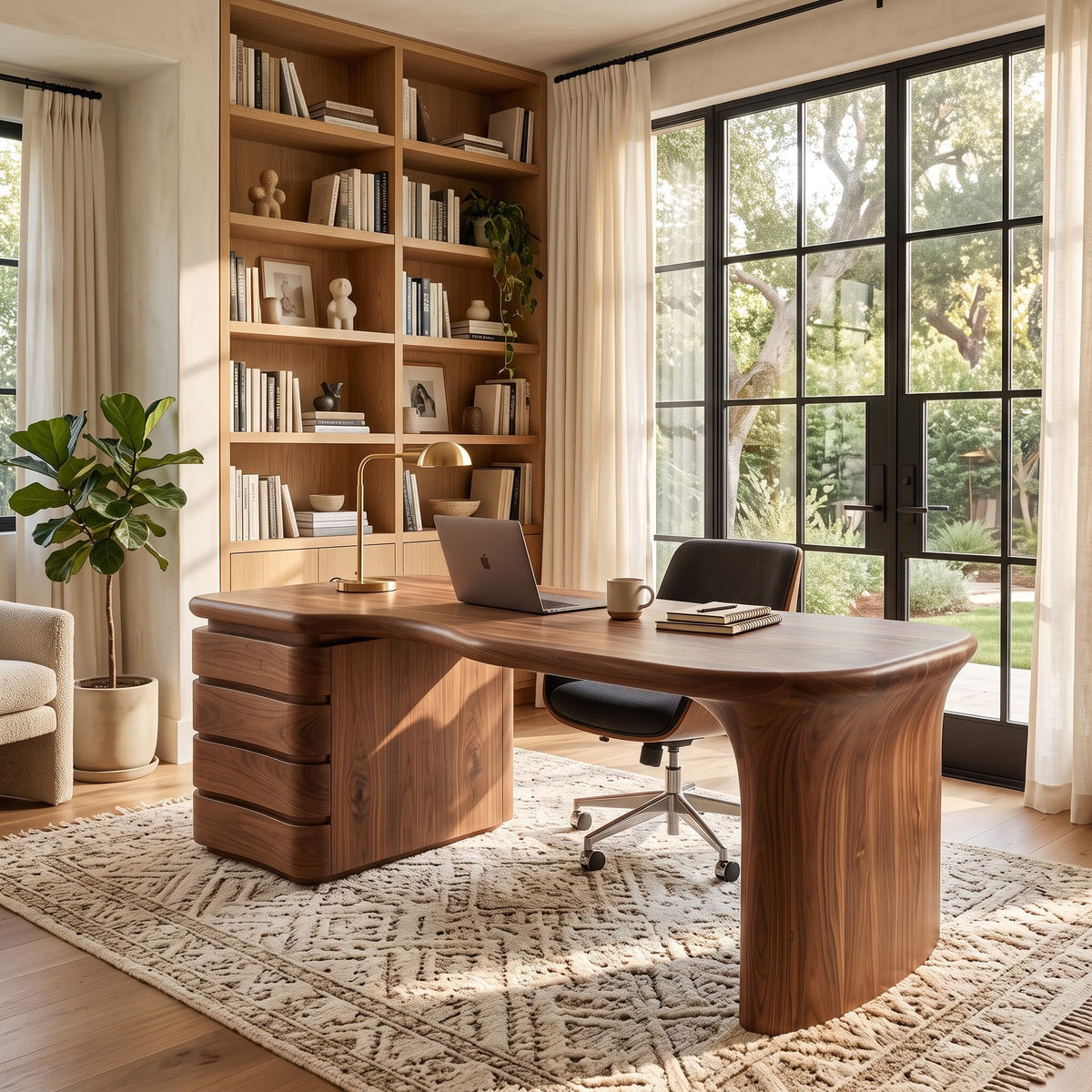 Sculptural solid wood contour desk displayed in a minimalist executive office