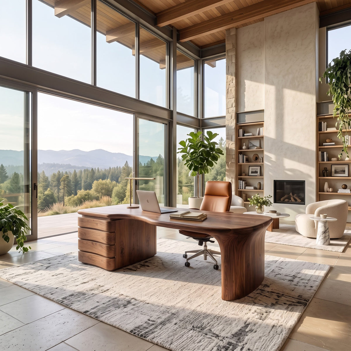 Organic freeform solid wood desk showcased as a statement workspace