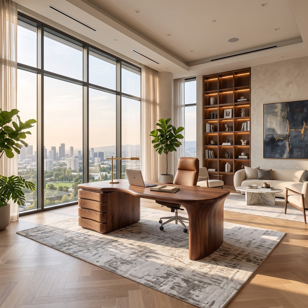 Handcrafted solid wood executive workstation styled in an elegant modern office