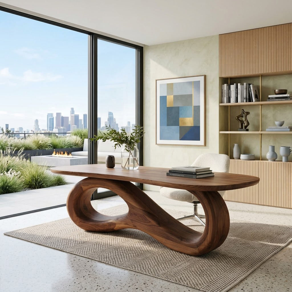 Organic infinity loop solid wood writing desk in a contemporary home office