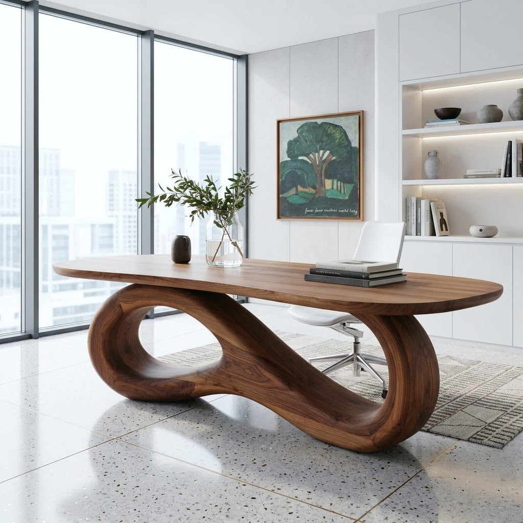Sculptural solid wood ribbon studio table styled in a modern workspace