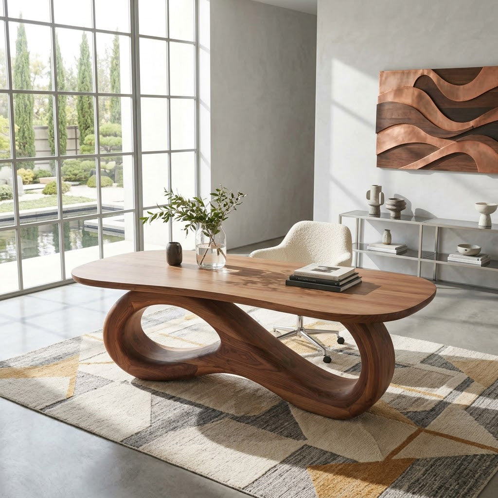 Curved solid wood writing desk displayed in a minimalist study