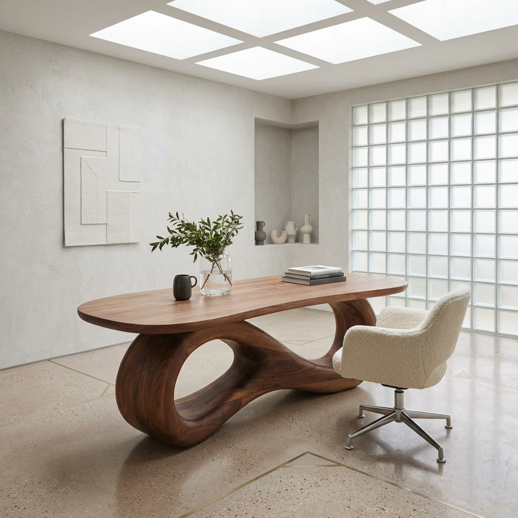 Organic solid wood infinity loop desk enhancing a contemporary office interior